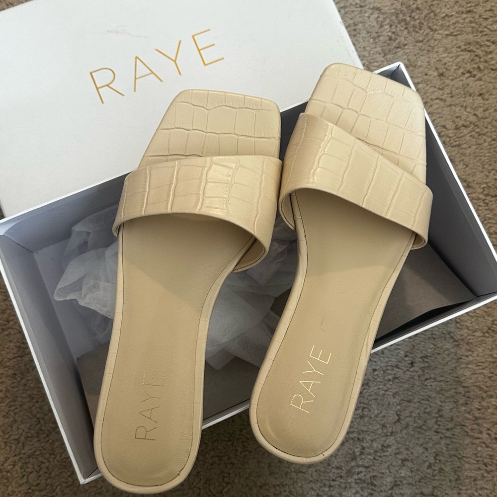 RAYE Tan Croc-Embossed Slide Sandals